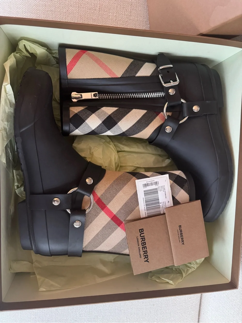 Burberry Black Rubber & Beige Nova Check Mid-Calf Rain Boots